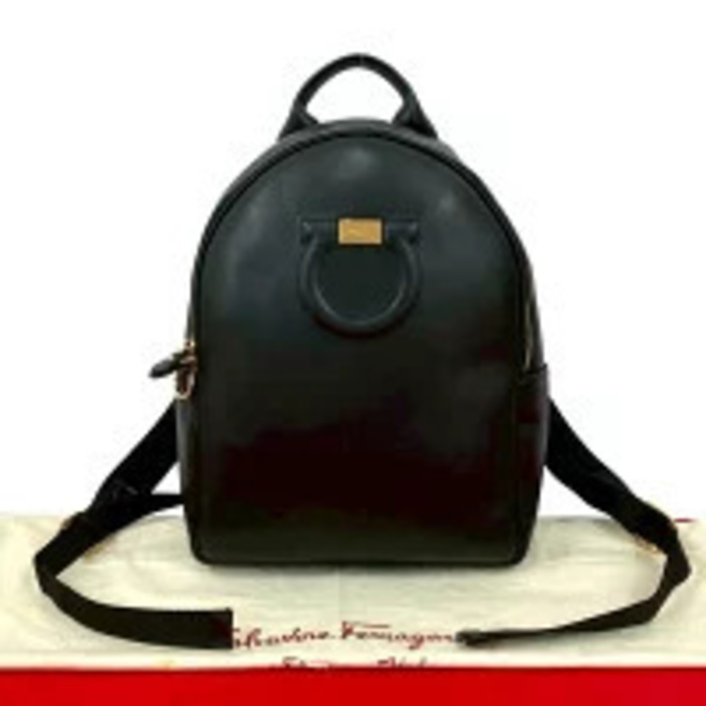 Salvatore Ferragamo Gancini Stitch Leather Backpack Black